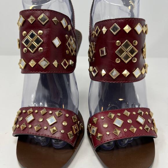 Tory Burch Women's Size 7 Kingsbridge Studded Open Toe Wedge Maroon Sandals - Picture 4 of 15